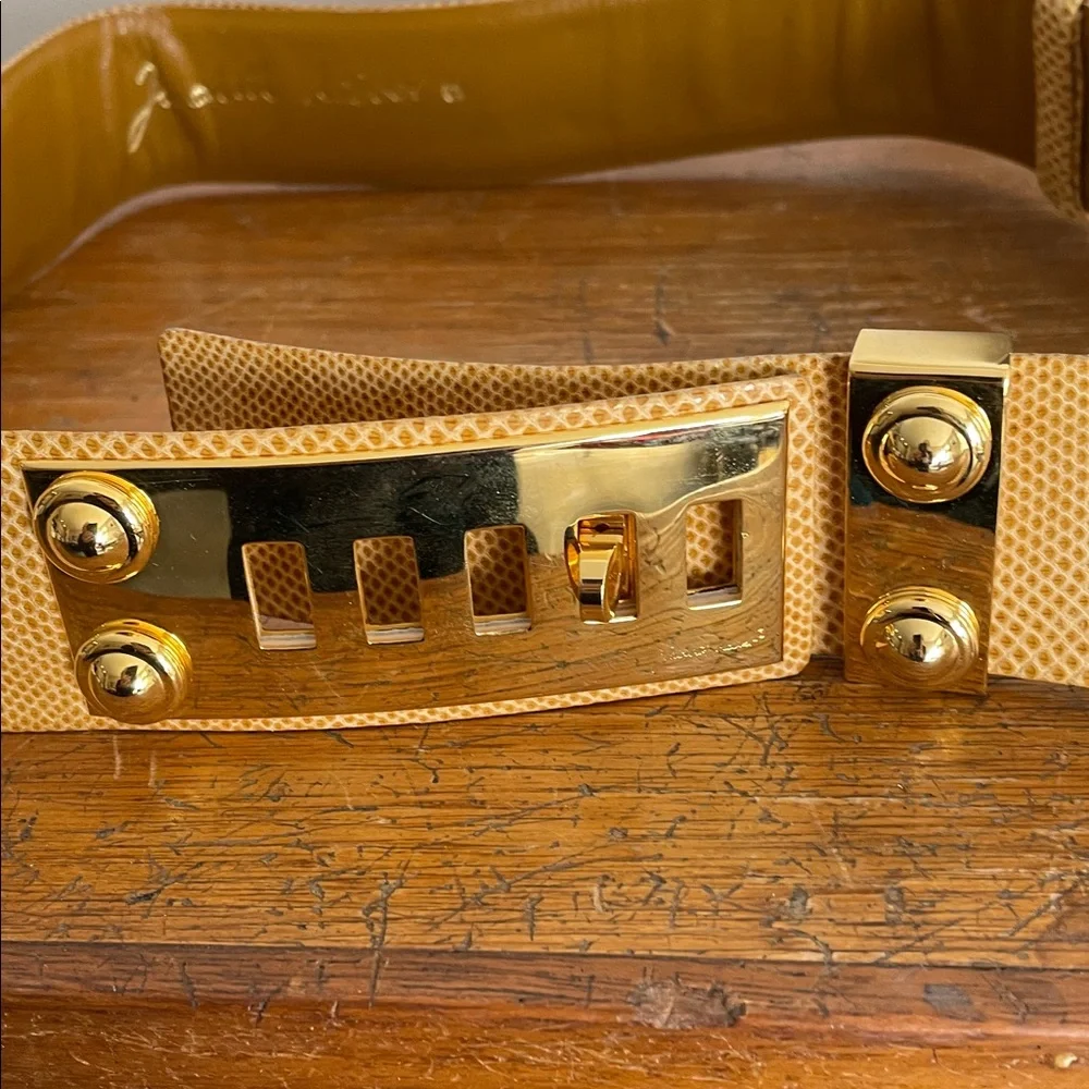 Judith Lieber Gold and Tan leather Belt with Buckle